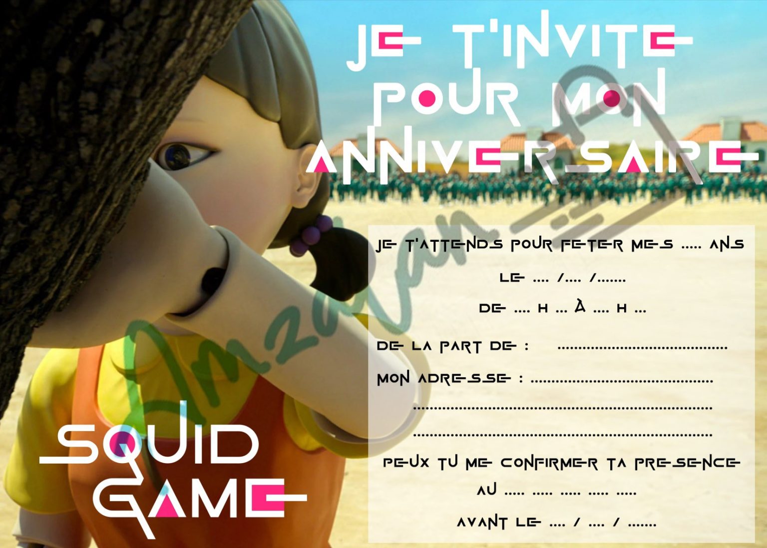 Lot De 6 Cartes Invitations Anniversaire Ados Adultes SQUID GAME V01