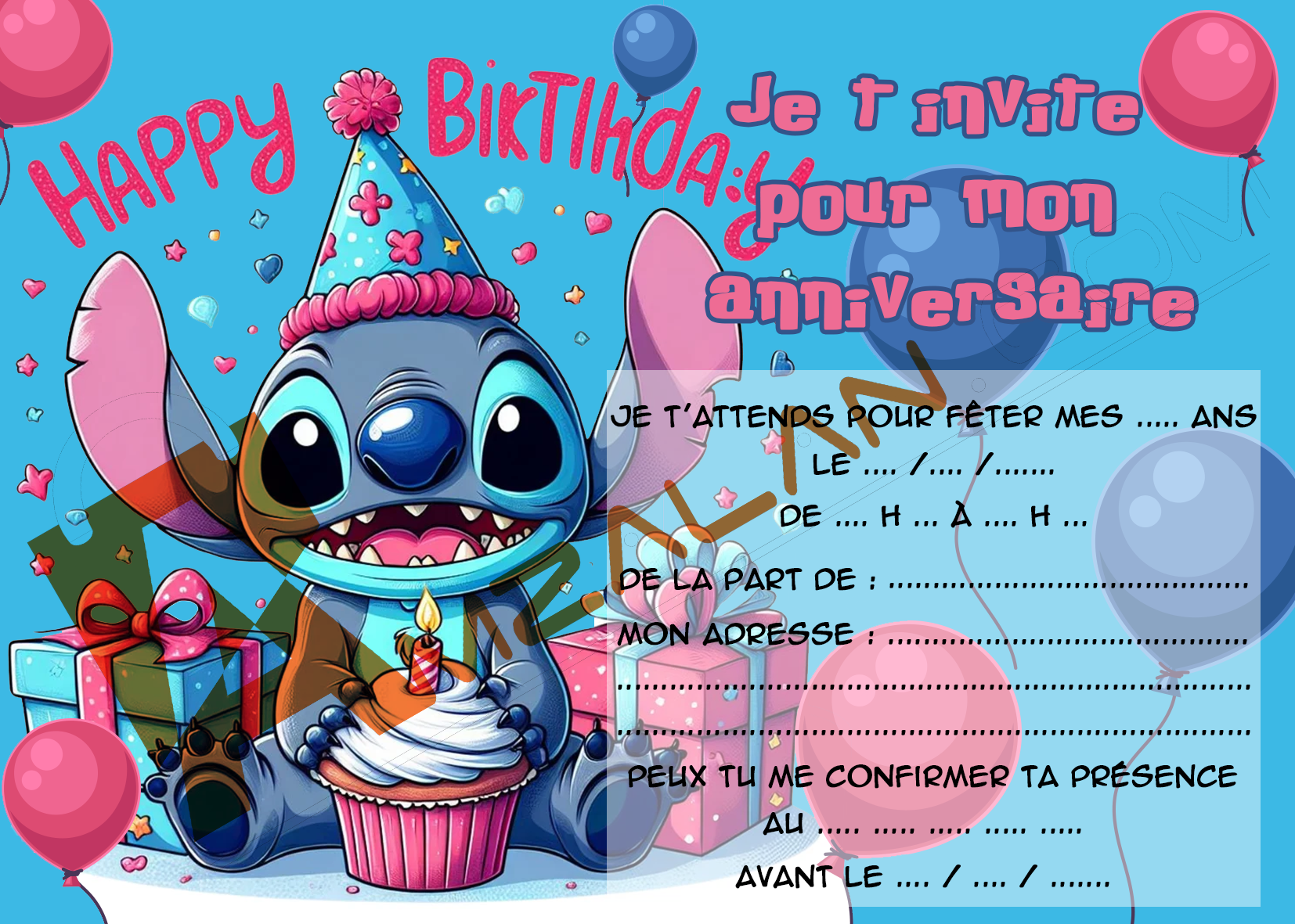 carte invitation anniversaire ballons stitch lot 6 avec enveloppe