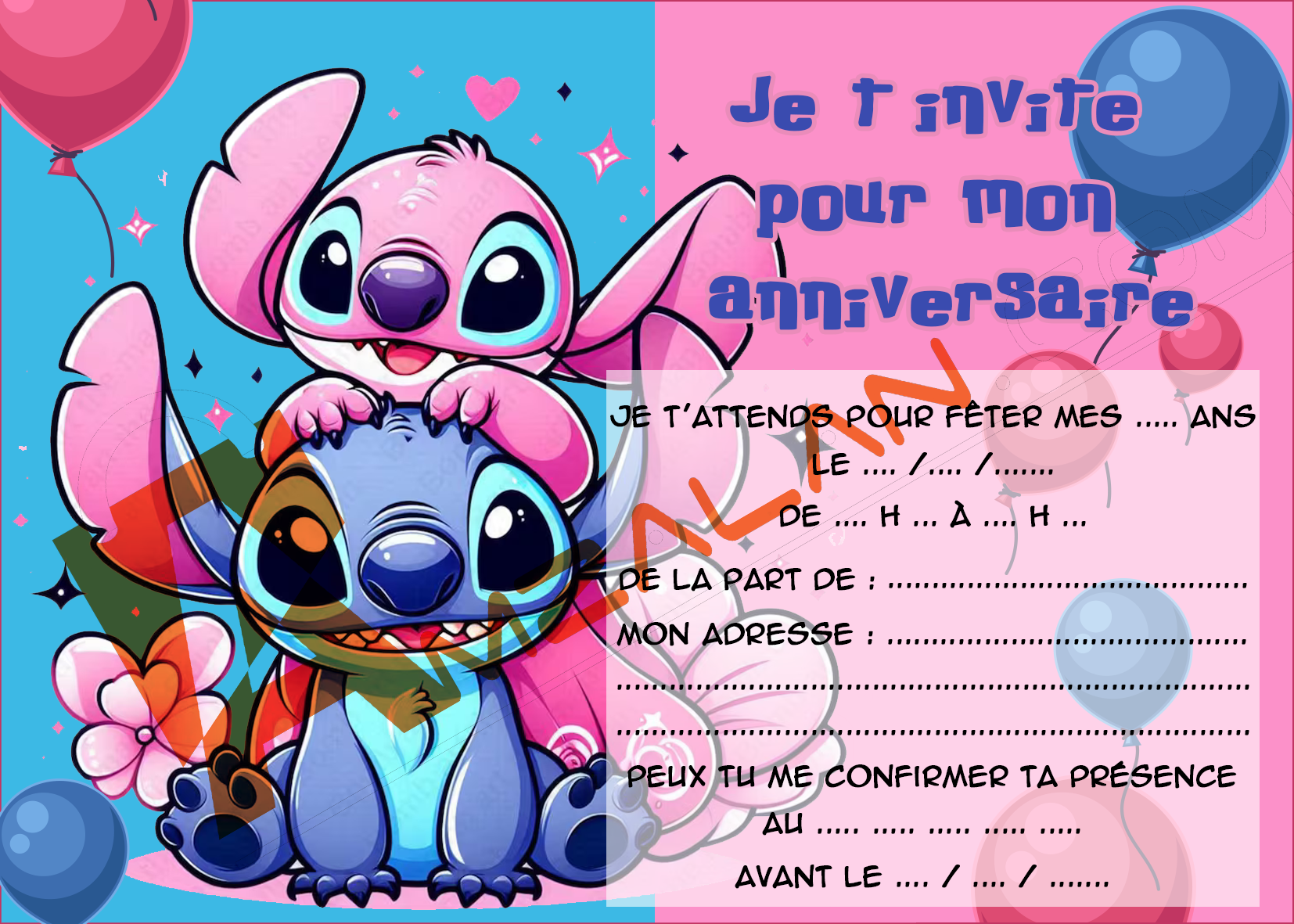 carte invitation anniversaire ballons stitch angel lot 6 avec enveloppe