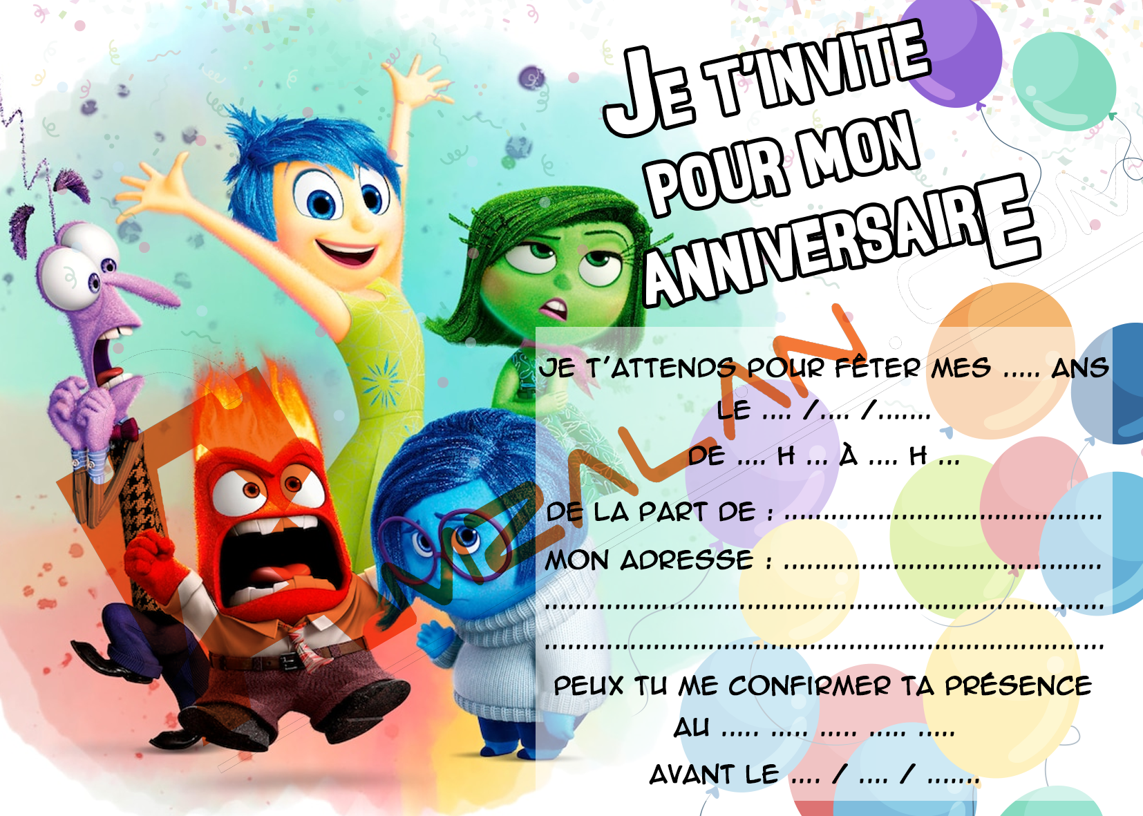 carte invitation anniversaire ballons vice versa inside out lot 6 avec enveloppe