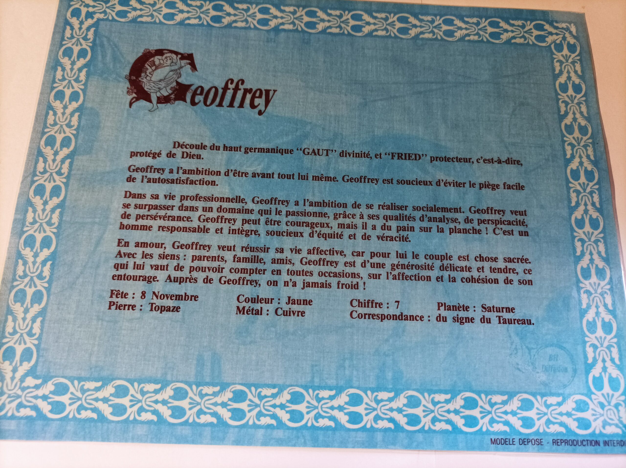 Affiche signification du prénom GEOFFREY