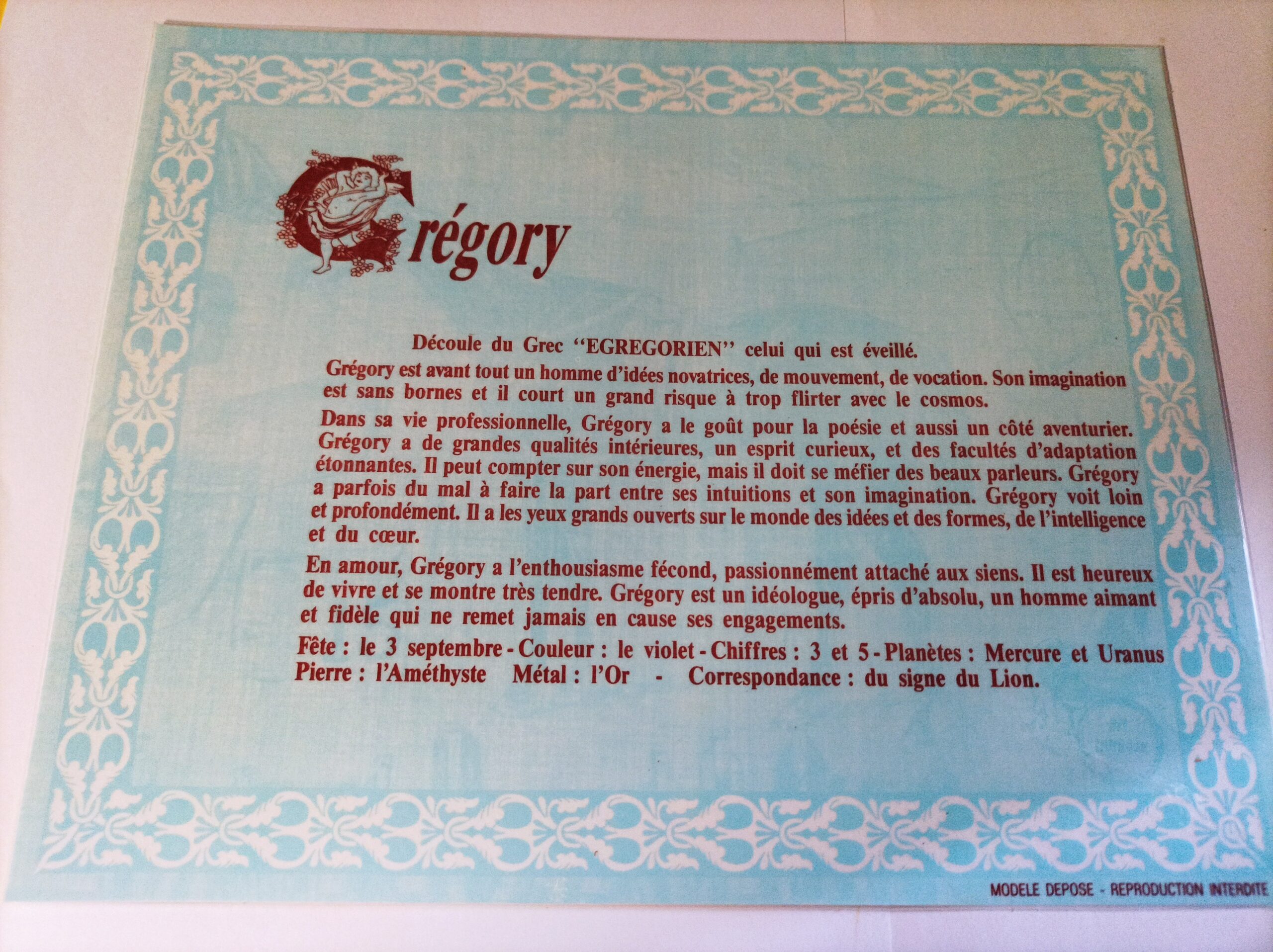 Affiche signification du prénom GRÉGORY