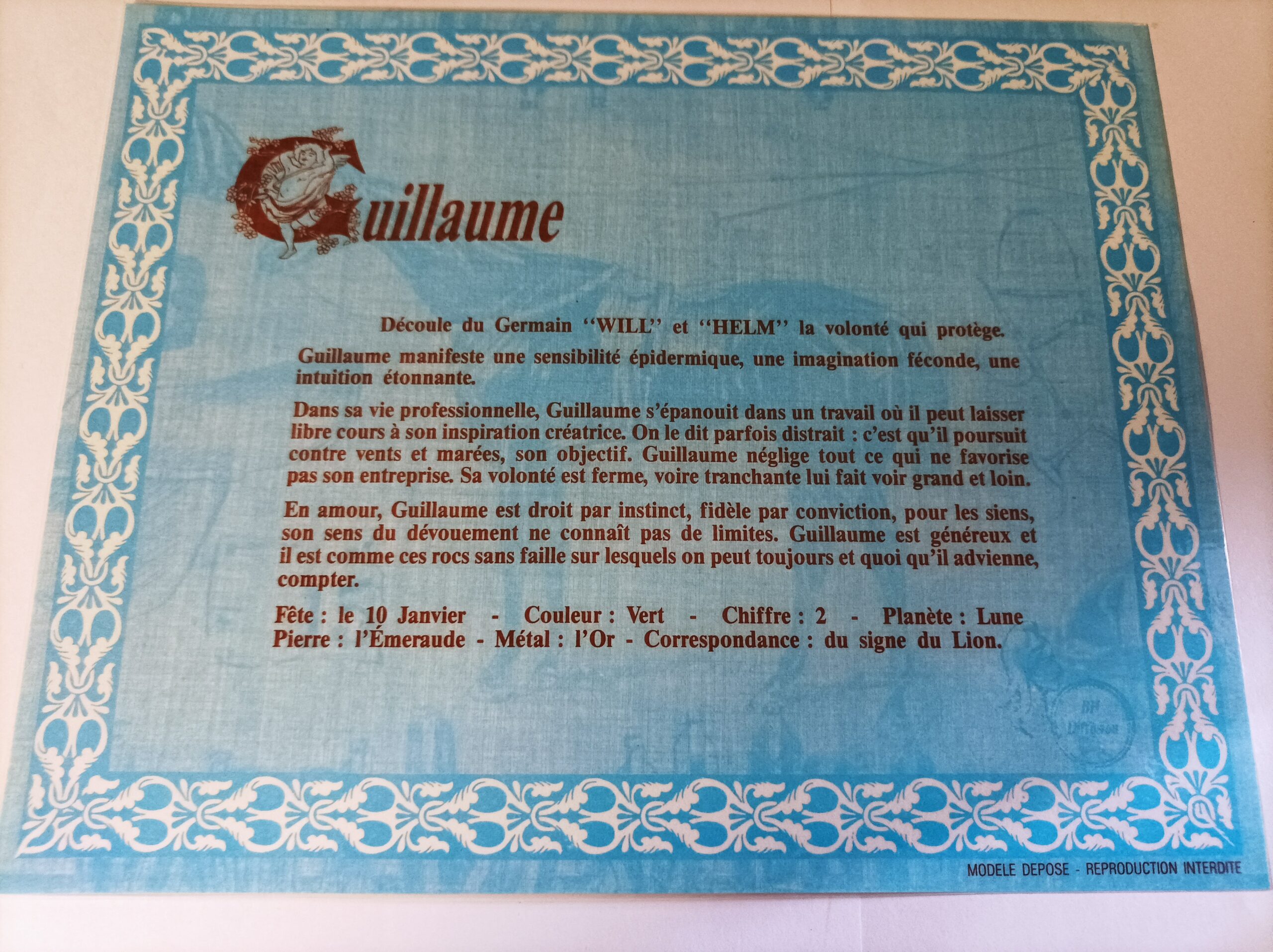 Affiche signification du prénom GUILLAUME