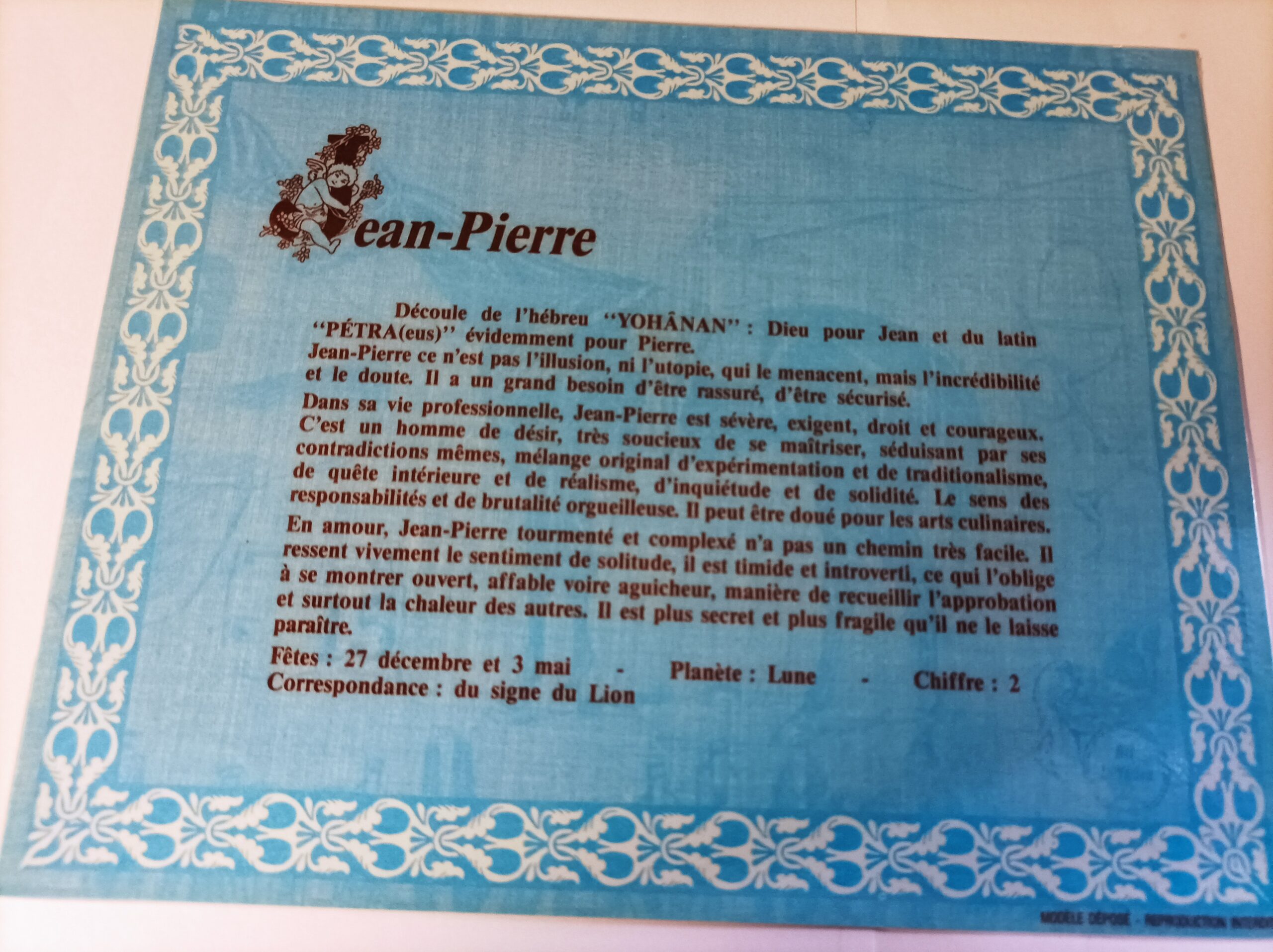 Affiche signification du prénom JEAN-PIERRE