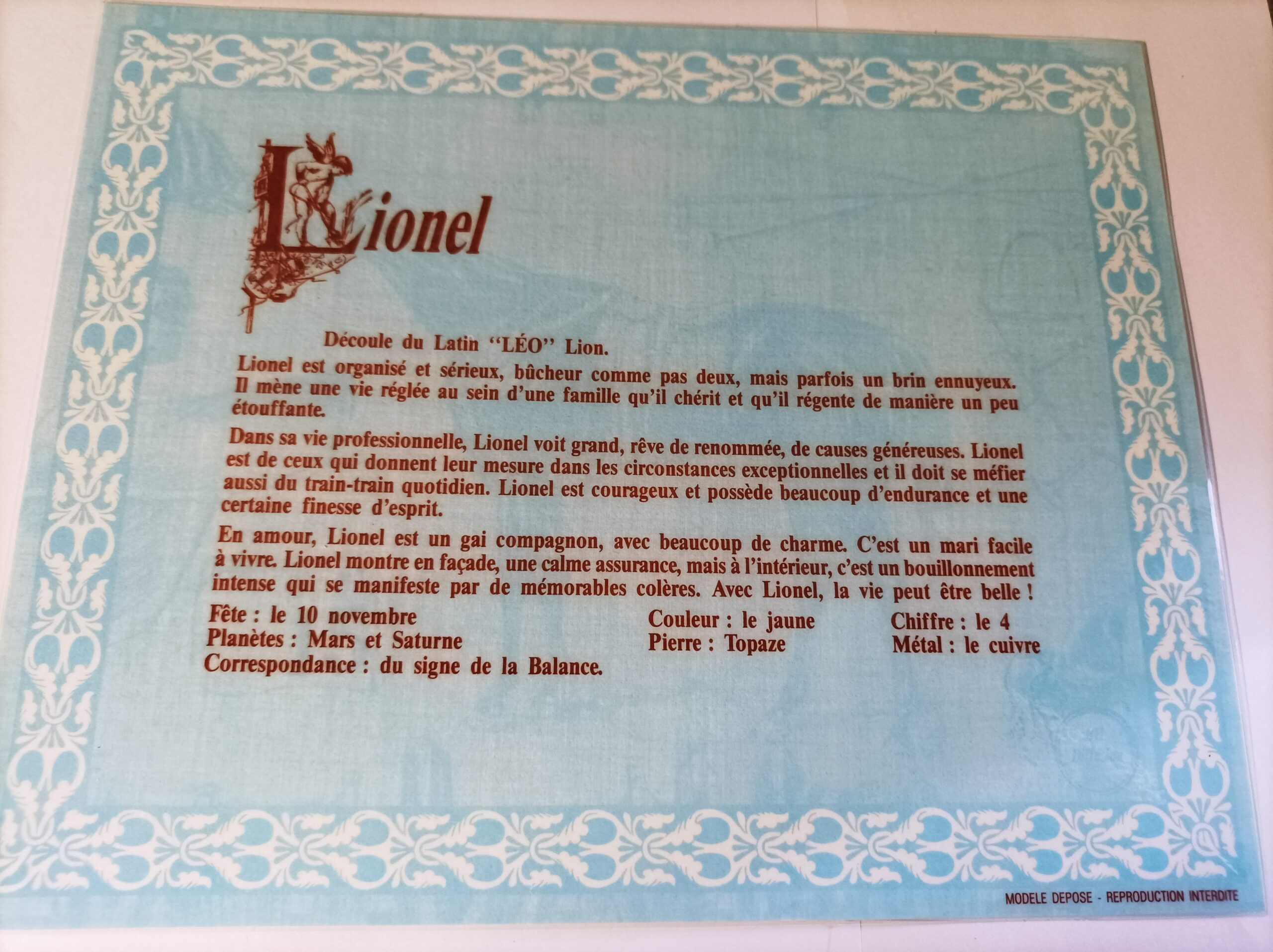 Affiche signification du prénom LIONEL